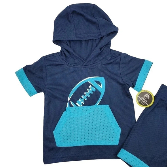 12m Boys FOOTBALL Blue Athletic Short Sleeve Hooded Tshirt and Short Set - Picture 2 of 7
